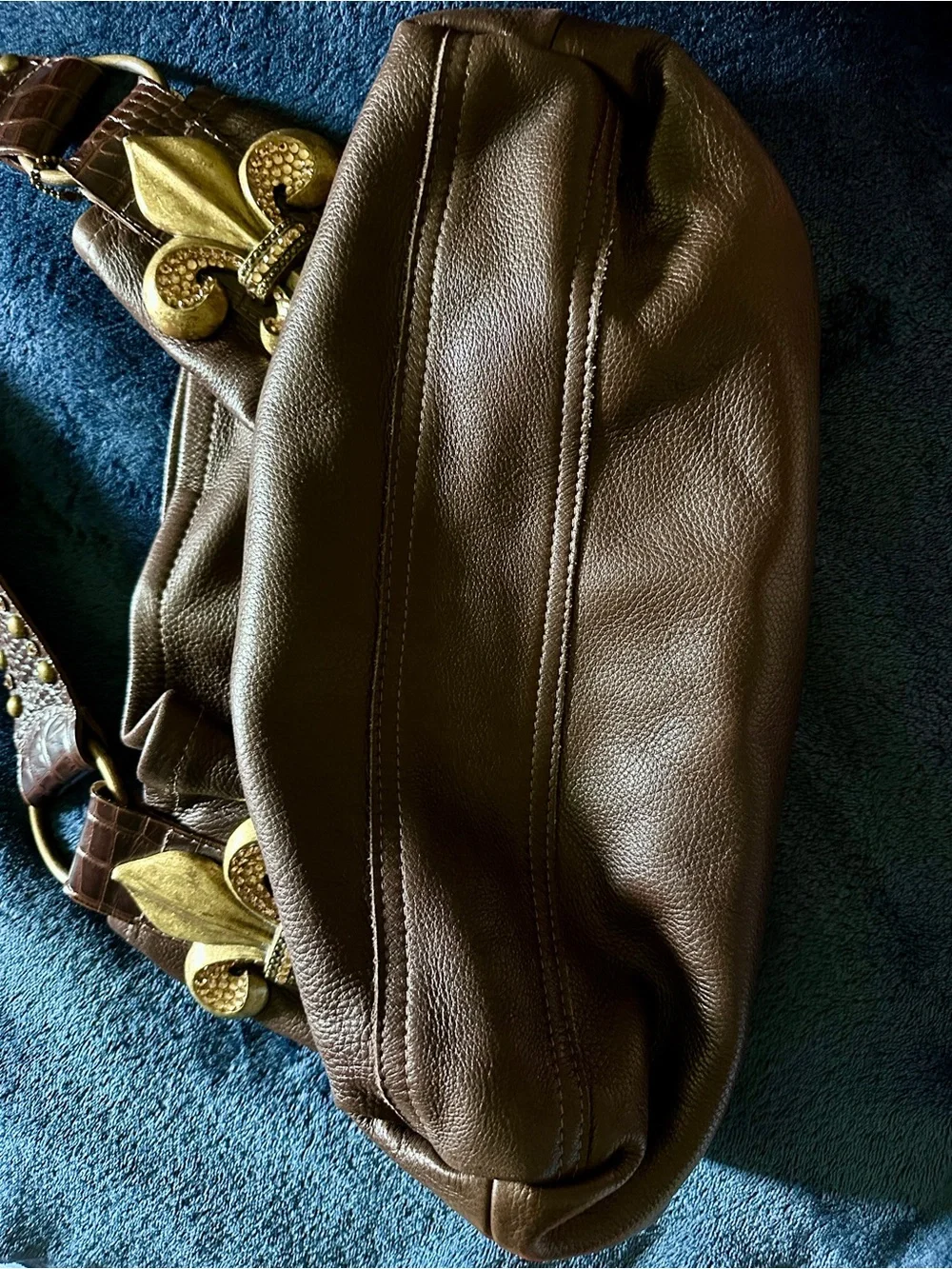 Leatherock Brown Fleur-de-Lis Hobo Bag with Rhinestones